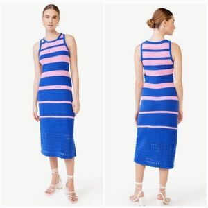 Scoop NYC Blue Pink Striped Crochet Knit Open Knit Midi Dress in Surf the Web M